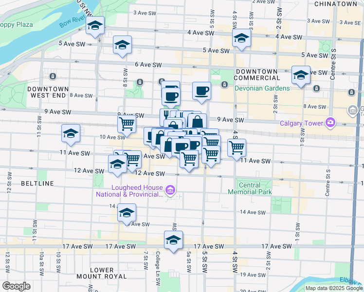 map of restaurants, bars, coffee shops, grocery stores, and more near 1010 6 Street Southwest in Calgary