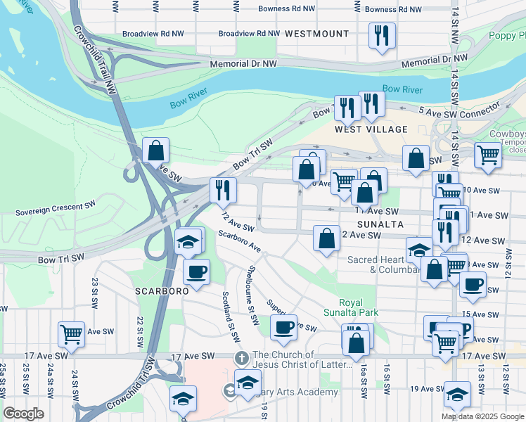 map of restaurants, bars, coffee shops, grocery stores, and more near 1931 11 Avenue Southwest in Calgary