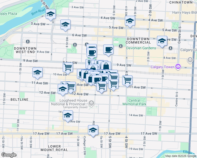 map of restaurants, bars, coffee shops, grocery stores, and more near in Calgary