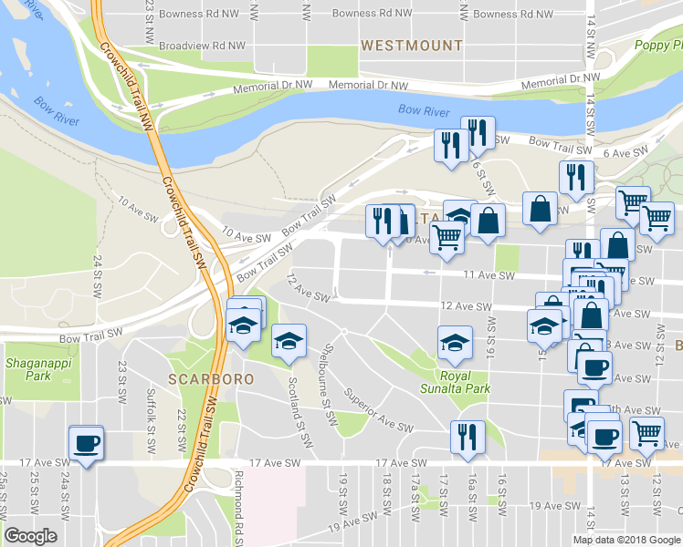 map of restaurants, bars, coffee shops, grocery stores, and more near 1931 11 Avenue Southwest in Calgary