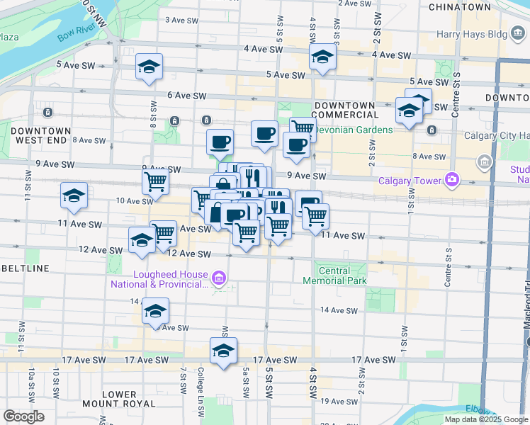 map of restaurants, bars, coffee shops, grocery stores, and more near 610 10 Avenue Southwest in Calgary