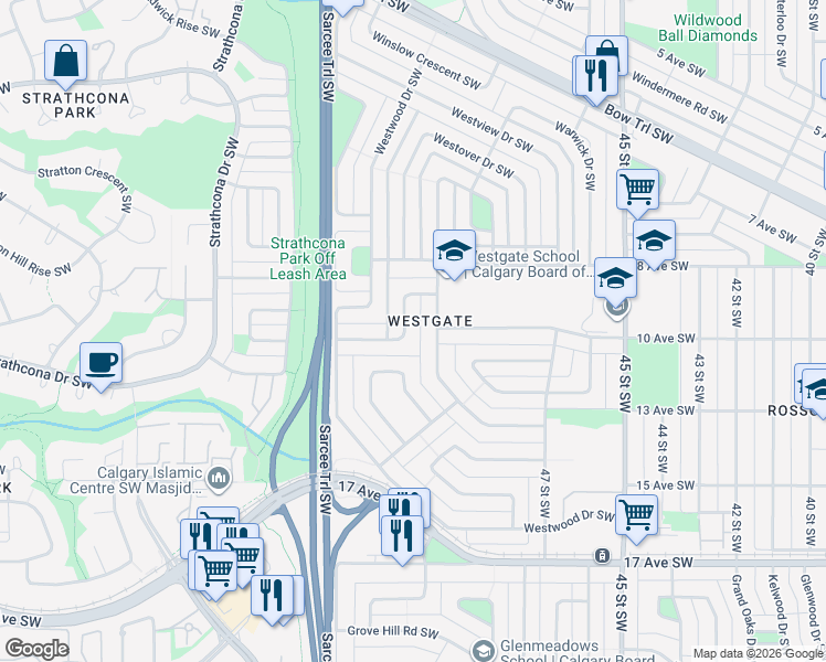 map of restaurants, bars, coffee shops, grocery stores, and more near 39 Wakefield Drive Southwest in Calgary