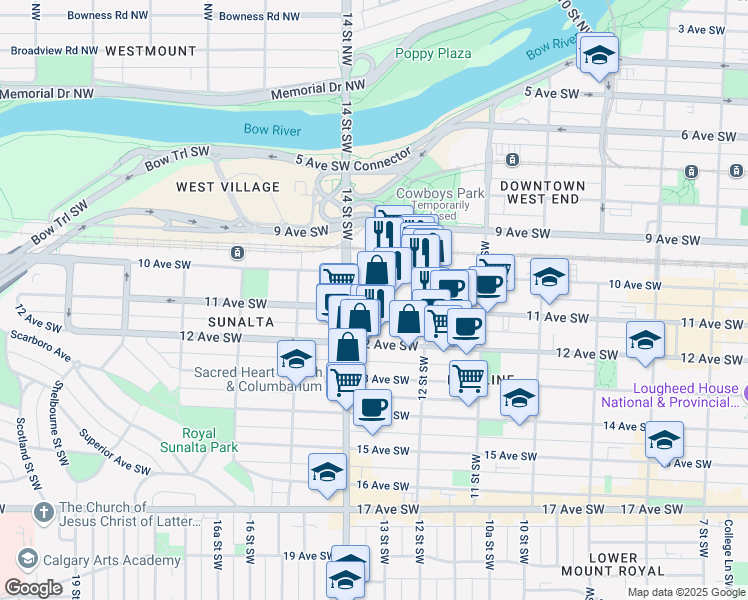 map of restaurants, bars, coffee shops, grocery stores, and more near 1332 11 Avenue Southwest in Calgary