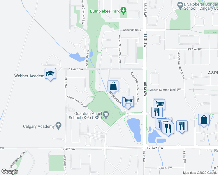 map of restaurants, bars, coffee shops, grocery stores, and more near 88 Aspen Stone Road Southwest in Calgary
