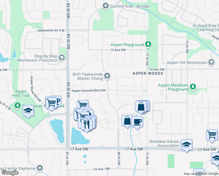 map of restaurants, bars, coffee shops, grocery stores, and more near 168 Aspen Summit Drive Southwest in Calgary