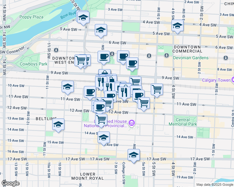 map of restaurants, bars, coffee shops, grocery stores, and more near 805 10 Avenue Southwest in Calgary