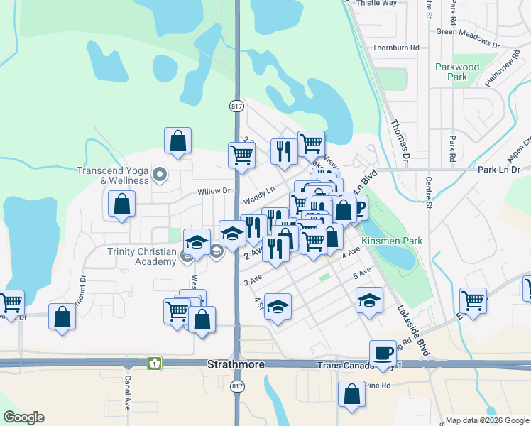 map of restaurants, bars, coffee shops, grocery stores, and more near 240 1 Avenue in Strathmore