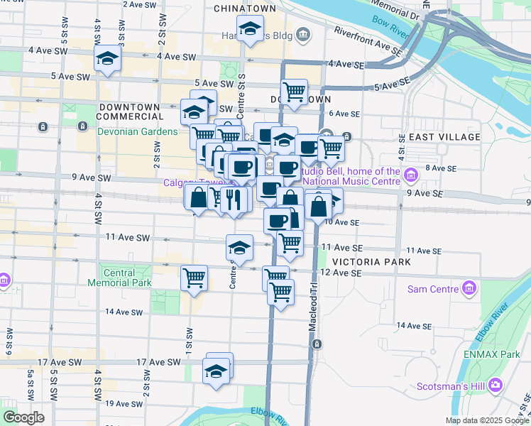 map of restaurants, bars, coffee shops, grocery stores, and more near in Calgary