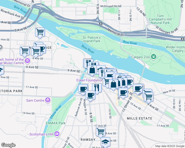 map of restaurants, bars, coffee shops, grocery stores, and more near 806 9 Avenue Southeast in Calgary