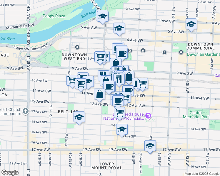 map of restaurants, bars, coffee shops, grocery stores, and more near in Calgary