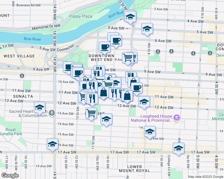 map of restaurants, bars, coffee shops, grocery stores, and more near in Calgary