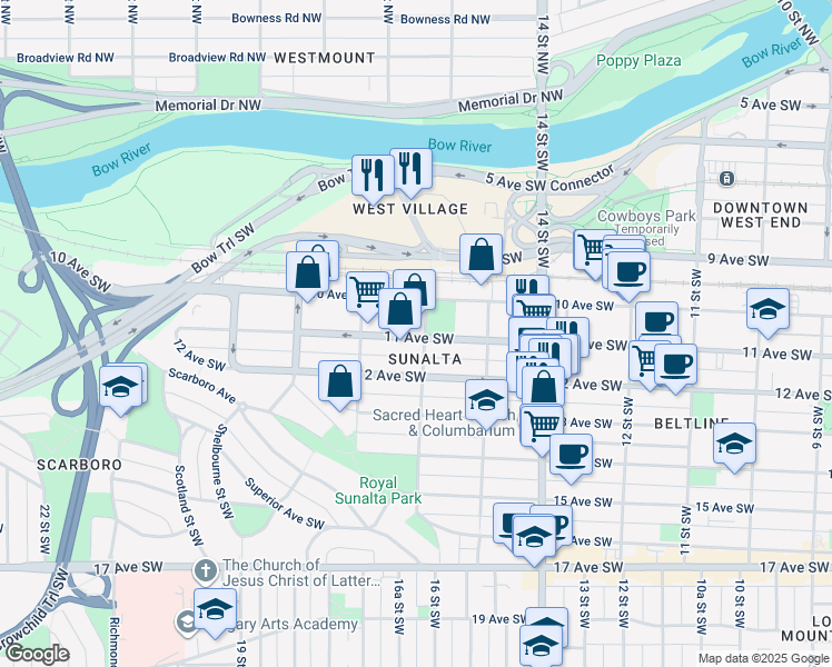 map of restaurants, bars, coffee shops, grocery stores, and more near in Calgary