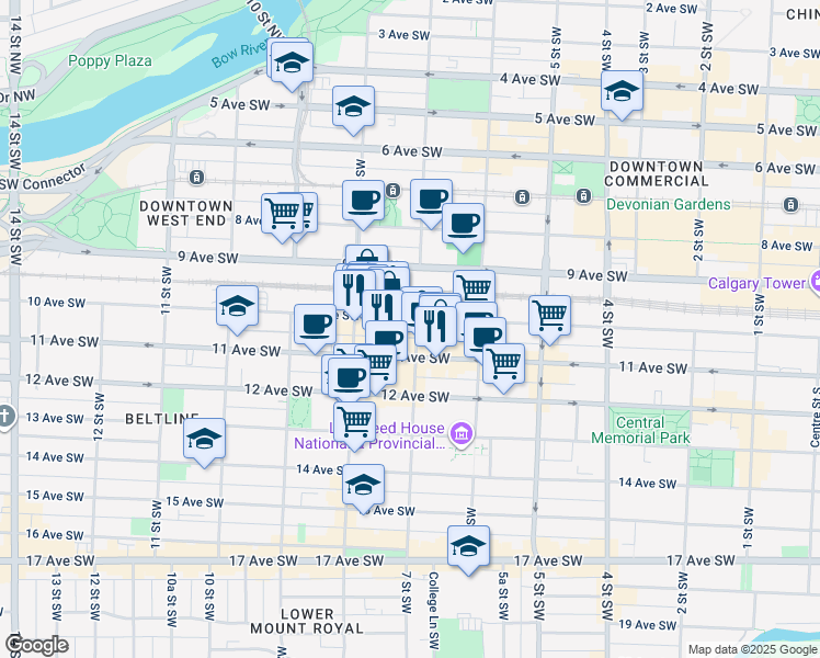 map of restaurants, bars, coffee shops, grocery stores, and more near 805 10 Avenue Southwest in Calgary