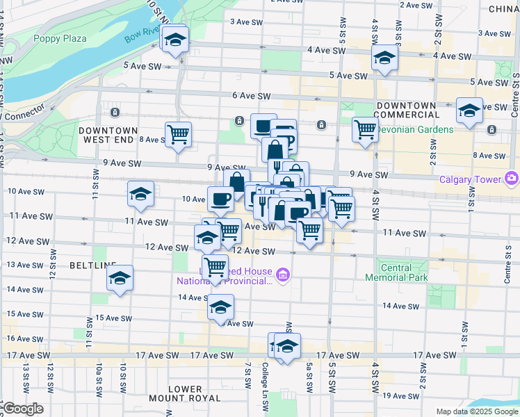map of restaurants, bars, coffee shops, grocery stores, and more near 738 11 Avenue Southwest in Calgary