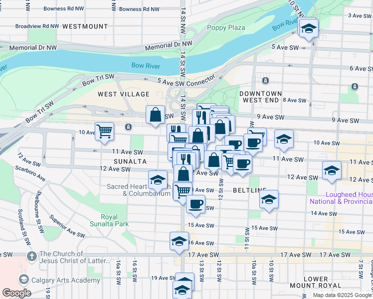 map of restaurants, bars, coffee shops, grocery stores, and more near in Calgary