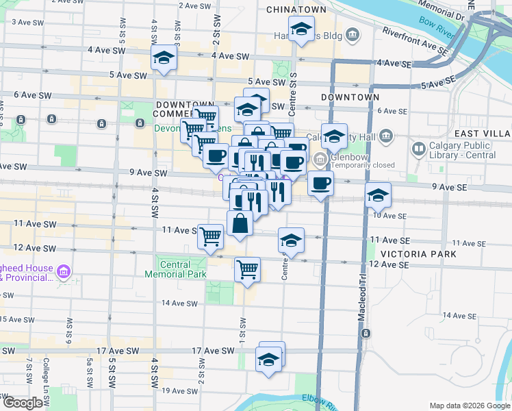 map of restaurants, bars, coffee shops, grocery stores, and more near 140 10 Avenue Southwest in Calgary