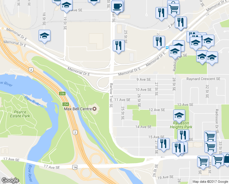 map of restaurants, bars, coffee shops, grocery stores, and more near 1102 24 Street Southeast in Calgary