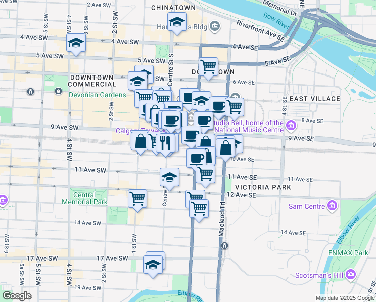 map of restaurants, bars, coffee shops, grocery stores, and more near in Calgary