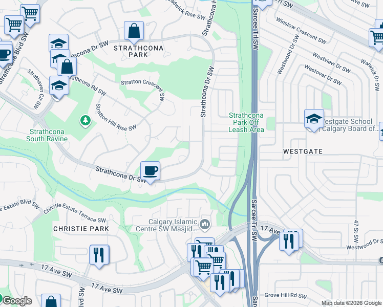 map of restaurants, bars, coffee shops, grocery stores, and more near 24 Strathlorne Crescent Southwest in Calgary