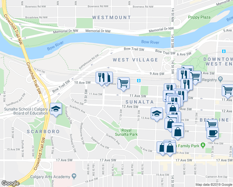 map of restaurants, bars, coffee shops, grocery stores, and more near in Calgary