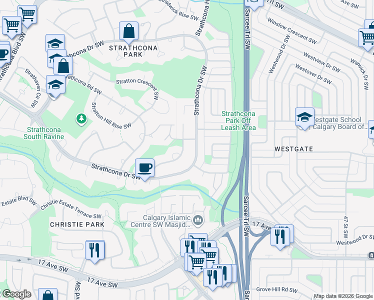 map of restaurants, bars, coffee shops, grocery stores, and more near 24 Strathlorne Crescent Southwest in Calgary