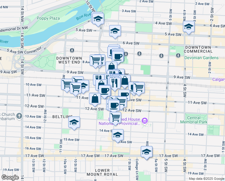 map of restaurants, bars, coffee shops, grocery stores, and more near in Calgary