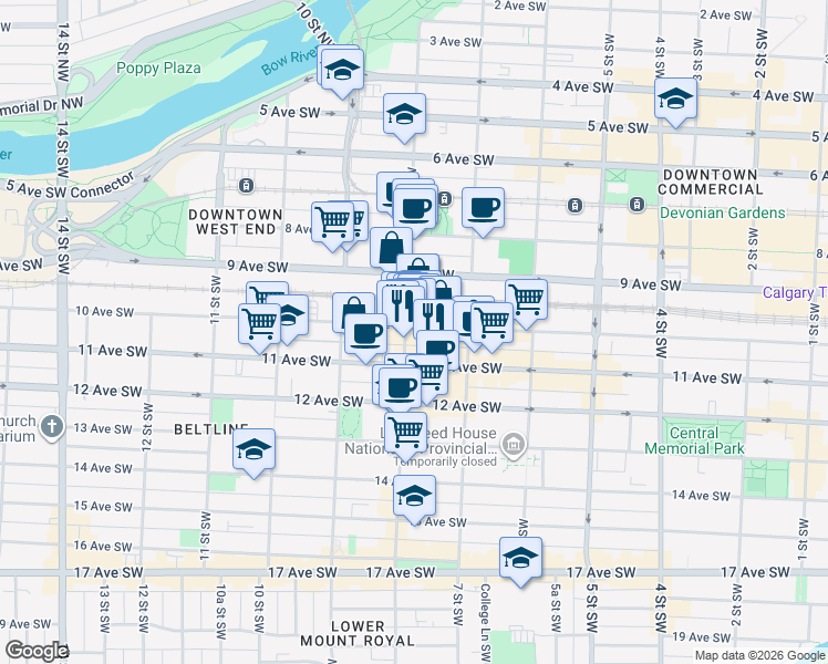 map of restaurants, bars, coffee shops, grocery stores, and more near 839 10 Avenue Southwest in Calgary