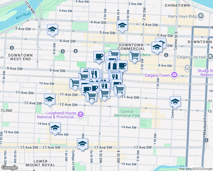 map of restaurants, bars, coffee shops, grocery stores, and more near in Calgary