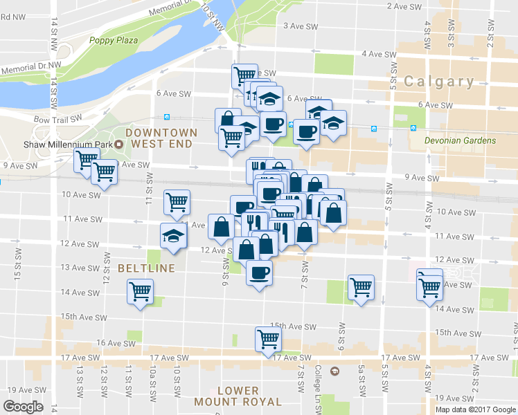 map of restaurants, bars, coffee shops, grocery stores, and more near in Calgary