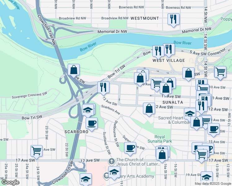map of restaurants, bars, coffee shops, grocery stores, and more near 1931 11 Avenue Southwest in Calgary