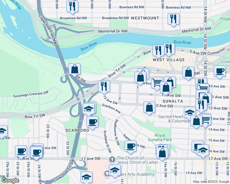 map of restaurants, bars, coffee shops, grocery stores, and more near in Calgary