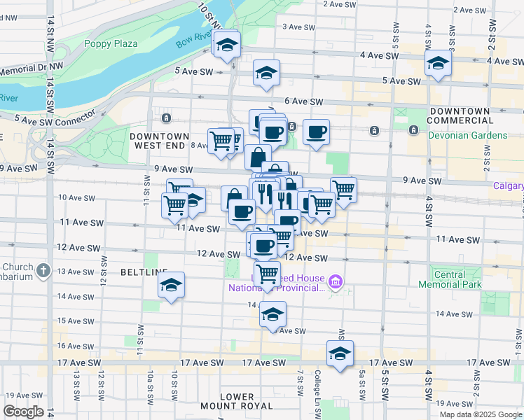 map of restaurants, bars, coffee shops, grocery stores, and more near 901 10 Avenue Southwest in Calgary