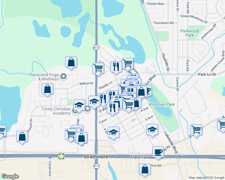 map of restaurants, bars, coffee shops, grocery stores, and more near 240 1 Avenue in Strathmore