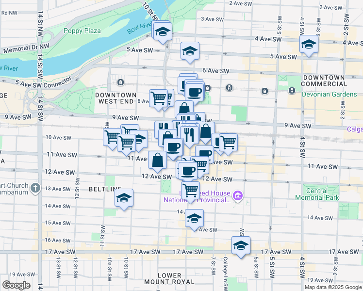 map of restaurants, bars, coffee shops, grocery stores, and more near 907 10 Avenue Southwest in Calgary