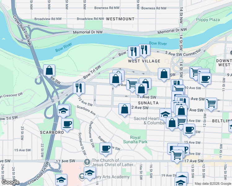 map of restaurants, bars, coffee shops, grocery stores, and more near 1830 11 Avenue Southwest in Calgary