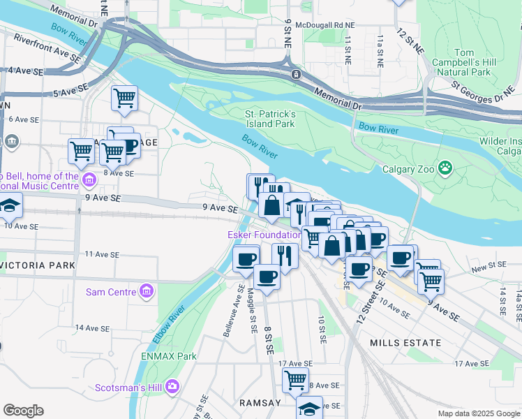 map of restaurants, bars, coffee shops, grocery stores, and more near 806 9 Avenue Southeast in Calgary