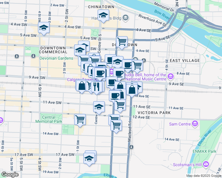 map of restaurants, bars, coffee shops, grocery stores, and more near in Calgary