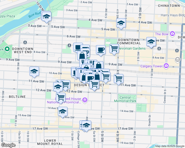 map of restaurants, bars, coffee shops, grocery stores, and more near in Calgary