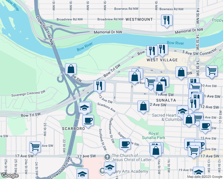 map of restaurants, bars, coffee shops, grocery stores, and more near 2006 11 Avenue Southwest in Calgary
