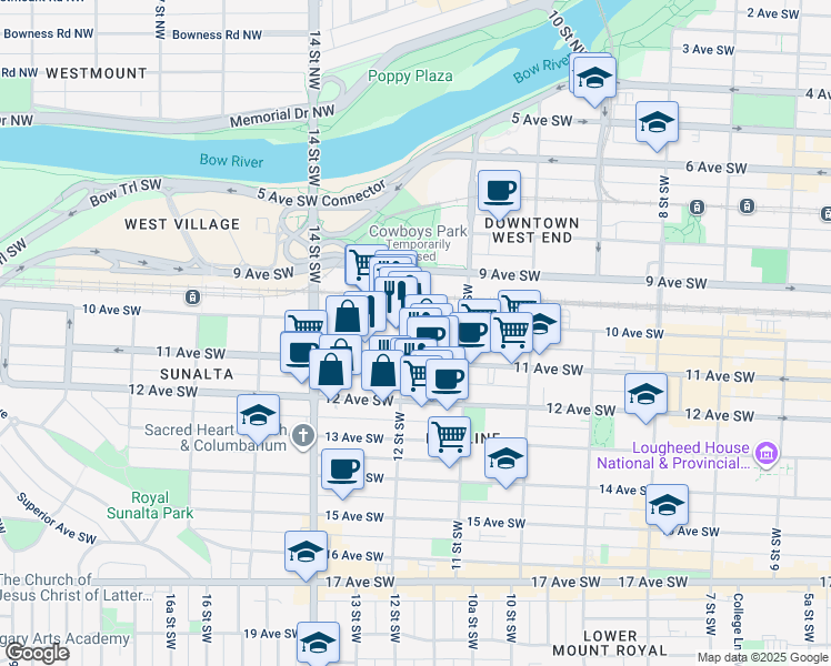 map of restaurants, bars, coffee shops, grocery stores, and more near 1302 11 Avenue Southwest in Calgary
