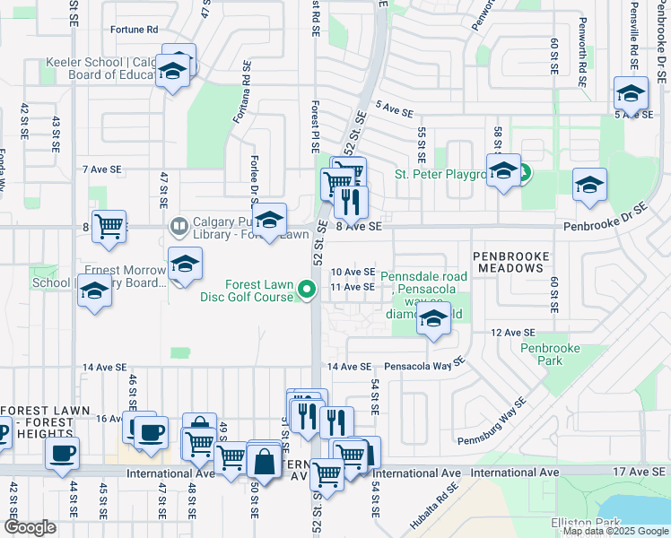map of restaurants, bars, coffee shops, grocery stores, and more near in Calgary