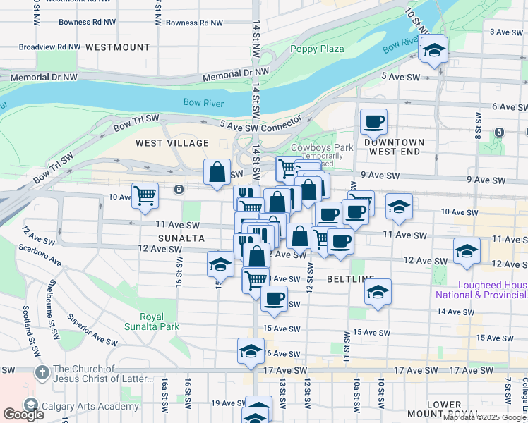 map of restaurants, bars, coffee shops, grocery stores, and more near in Calgary