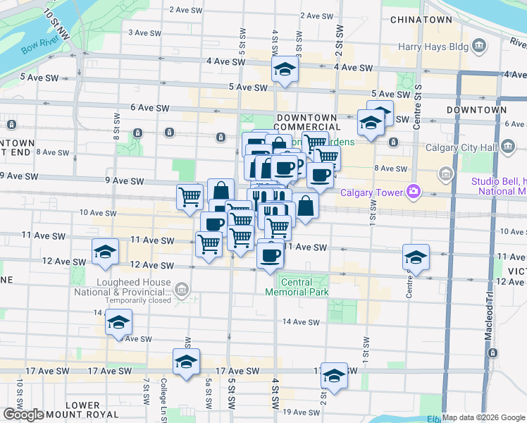 map of restaurants, bars, coffee shops, grocery stores, and more near 517 10 Avenue Southwest in Calgary
