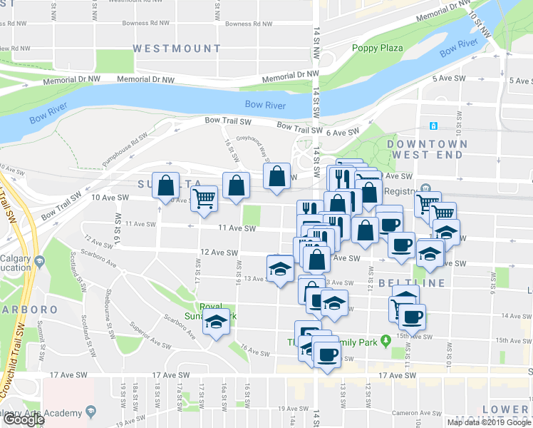 map of restaurants, bars, coffee shops, grocery stores, and more near 1602 11 Avenue Southwest in Calgary
