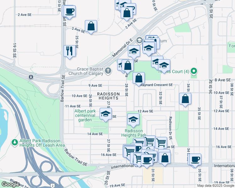 map of restaurants, bars, coffee shops, grocery stores, and more near 2824 10 Avenue Southeast in Calgary