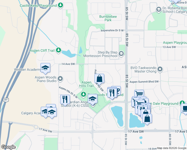 map of restaurants, bars, coffee shops, grocery stores, and more near 88 Aspen Stone Road Southwest in Calgary