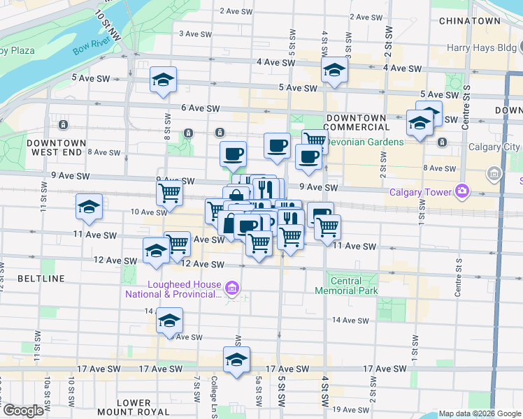 map of restaurants, bars, coffee shops, grocery stores, and more near 620 10 Avenue Southwest in Calgary
