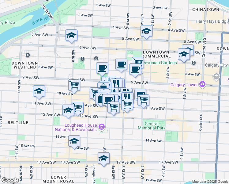 map of restaurants, bars, coffee shops, grocery stores, and more near 620 10 Avenue Southwest in Calgary