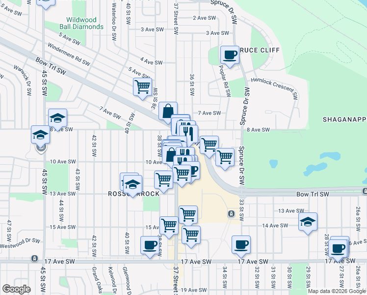 map of restaurants, bars, coffee shops, grocery stores, and more near 1006 37 Street Southwest in Calgary