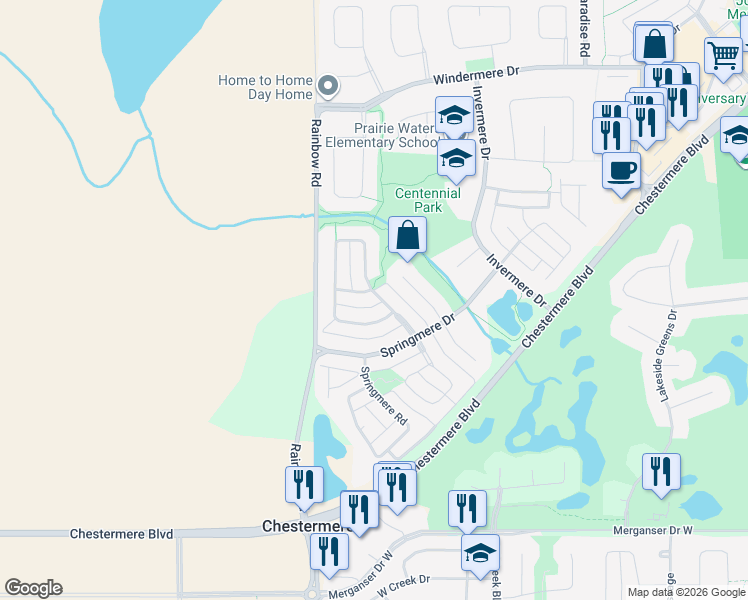 map of restaurants, bars, coffee shops, grocery stores, and more near in Chestermere